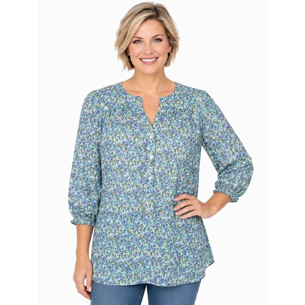 St. John's Bay Womens Top 2X Green purple floral chiffon lined Pullover Boho